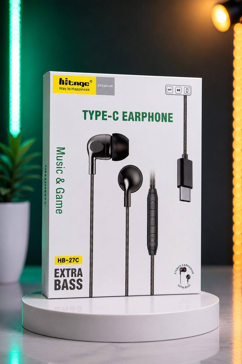 Hitage HB-27C Type-C Wired Earphone with Mic | Extra Bass | Hi-Fi Stereo Sound | Black