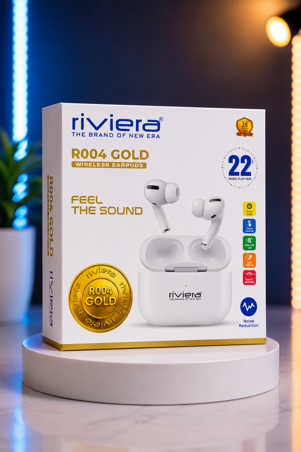 Riviera R004 Gold Wireless Earbuds | Bluetooth Earbuds with ENC | 22 Hours Playtime | White