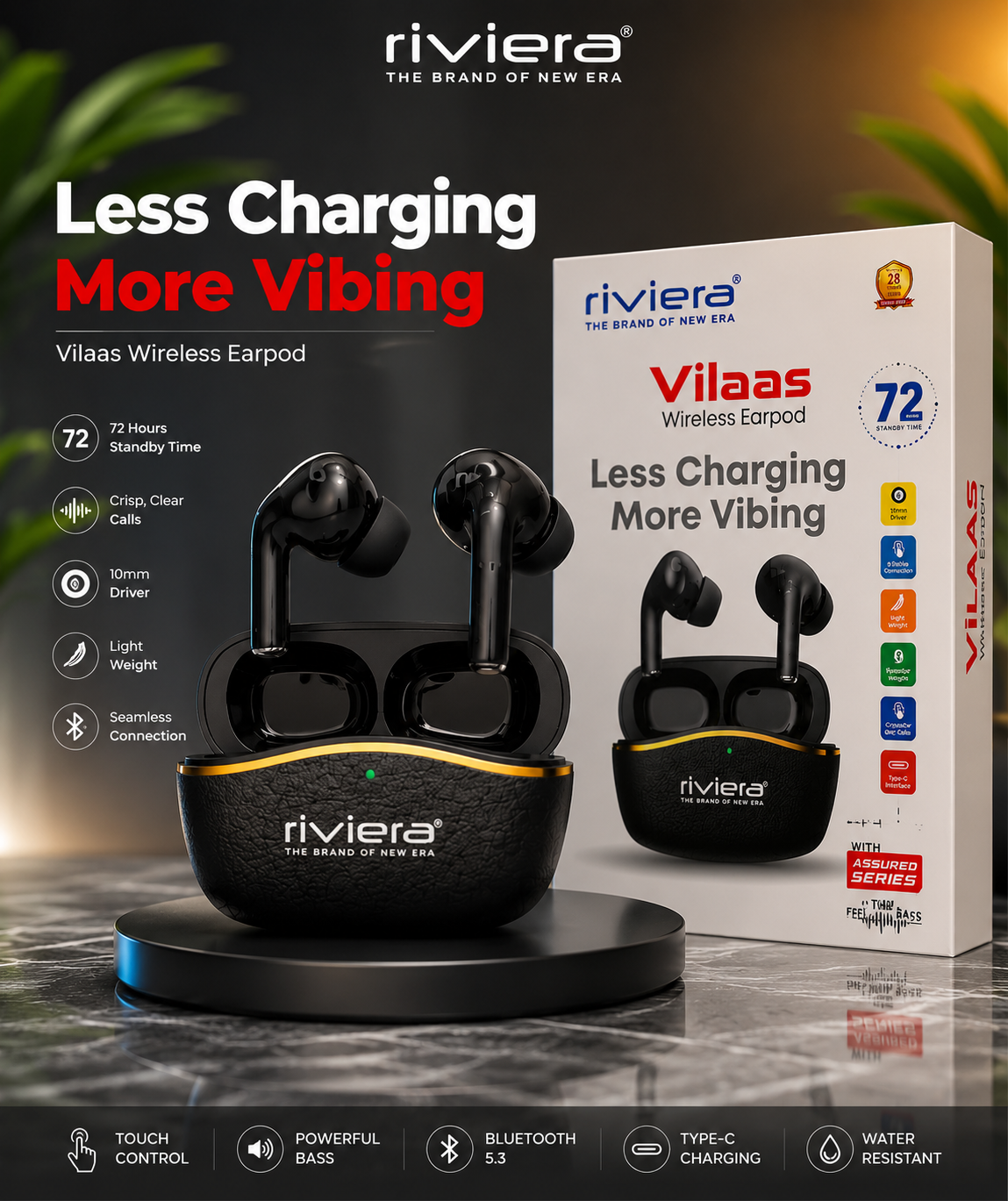 Riviera VILAAS Wireless Earbuds – 72 Hours Standby | Bluetooth 5.3 | Type-C Charging