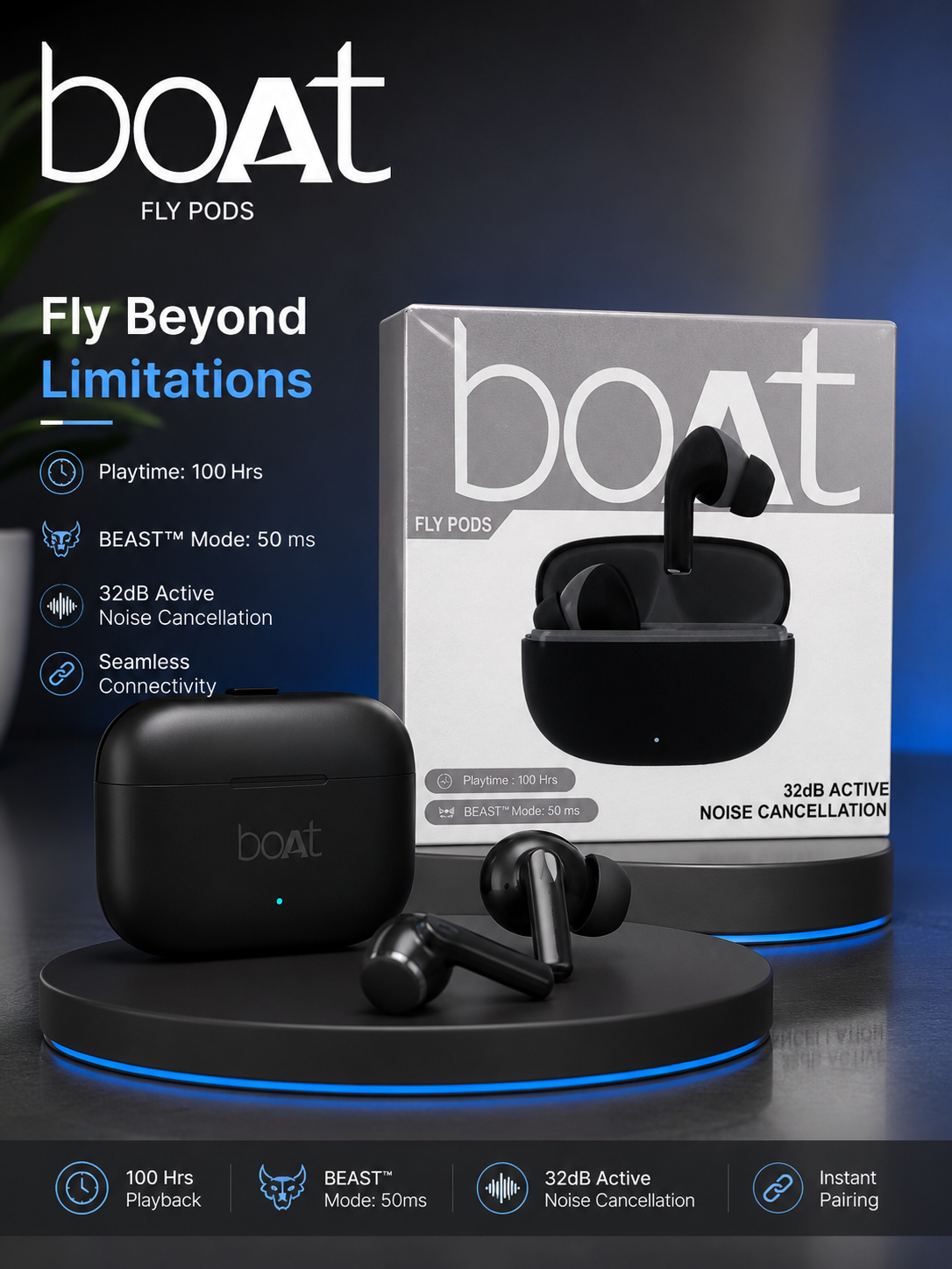 boAt Fly Pods Wireless Earbuds | 100 Hours Playtime | 32dB Active Noise Cancellation | BEAST Mode | Bluetooth TWS Earbuds