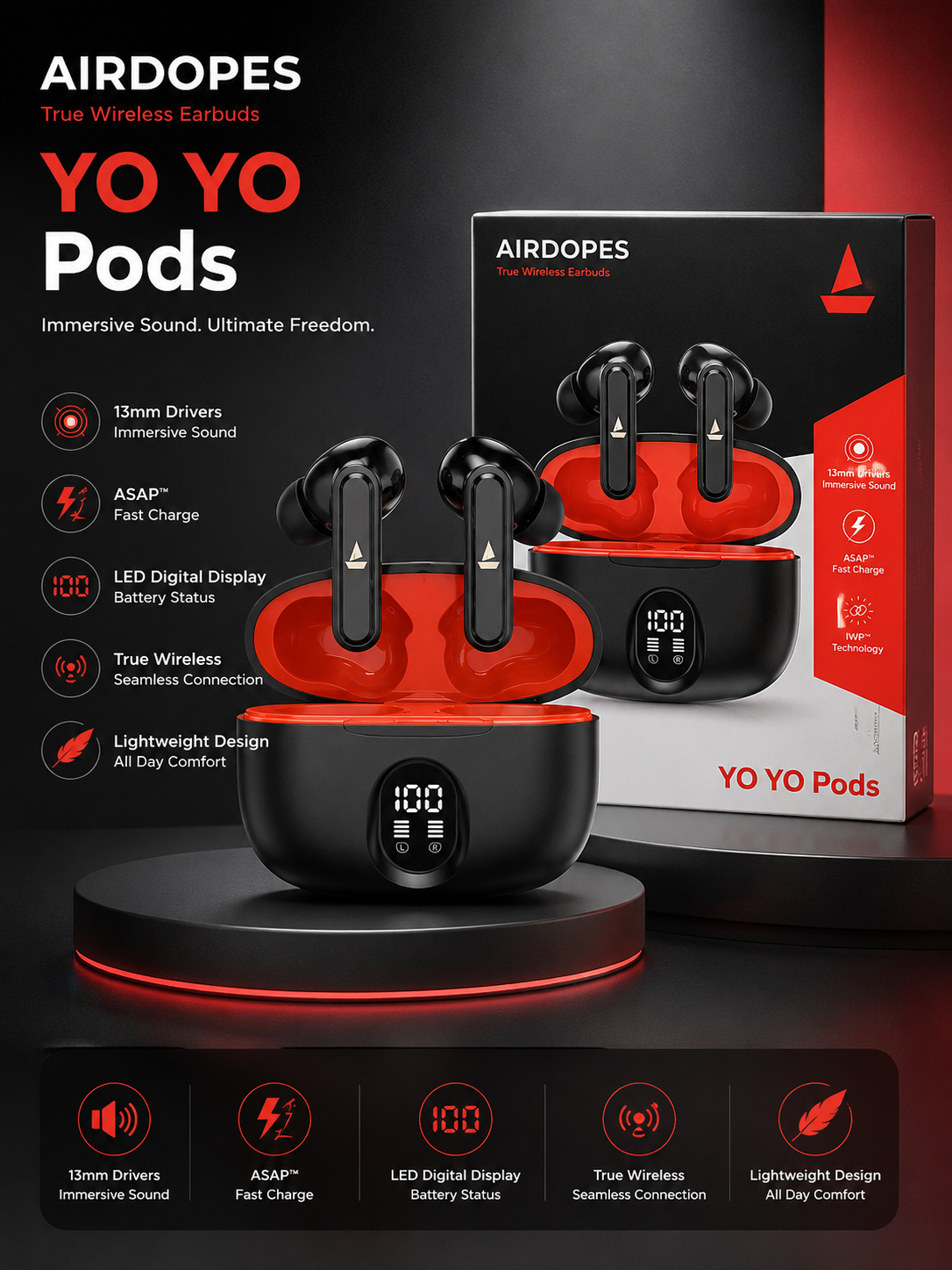 Airdopes YO YO Pods TWS Wireless Earbuds | 13mm Drivers | Fast Charging | LED Display | Bluetooth Earbuds