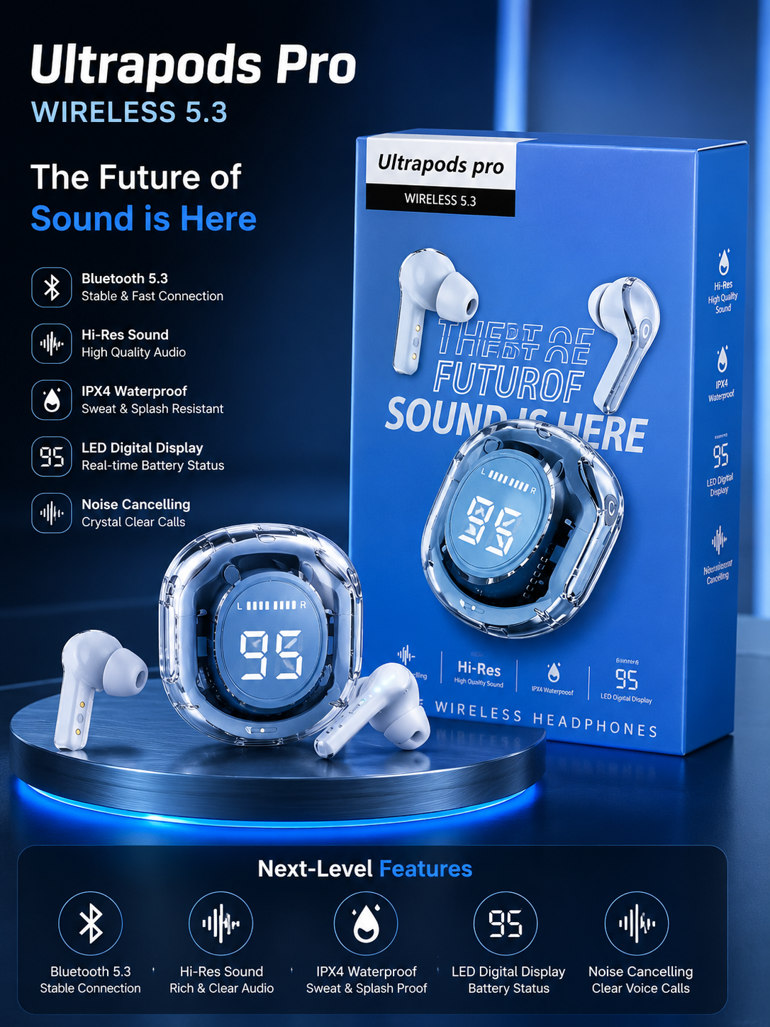 Ultrapods Pro Wireless 5.3 Earbuds | Hi-Res Sound | LED Display | ENC Noise Cancellation | TWS Earbuds