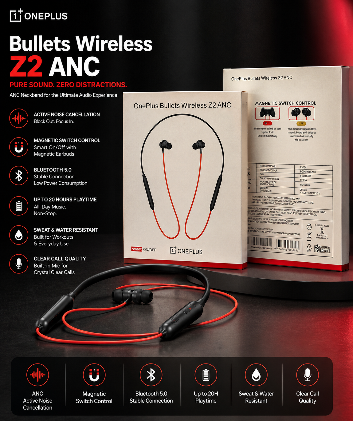 OnePlus Bullets Wireless Z2 ANC Neckband | Bluetooth 5.0 | Active Noise Cancellation | Magnetic Switch | Fast Charging