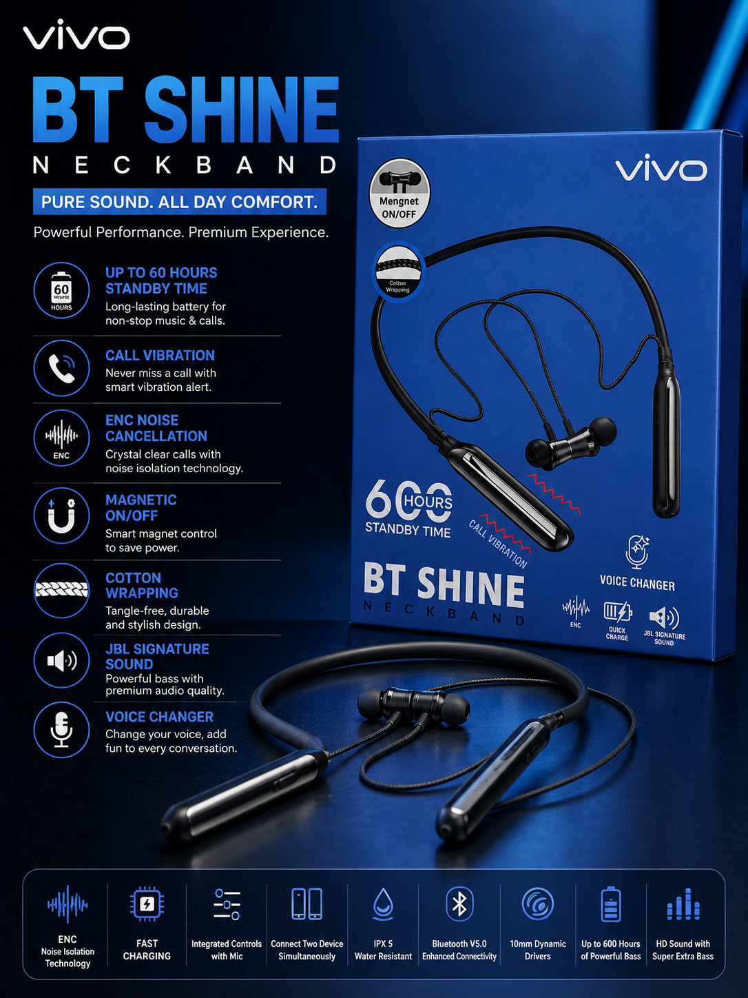 Vivo BT Shine Wireless Neckband | Bluetooth 5.0 | ENC Noise Cancellation | Fast Charging | Magnetic Neckband Earphones