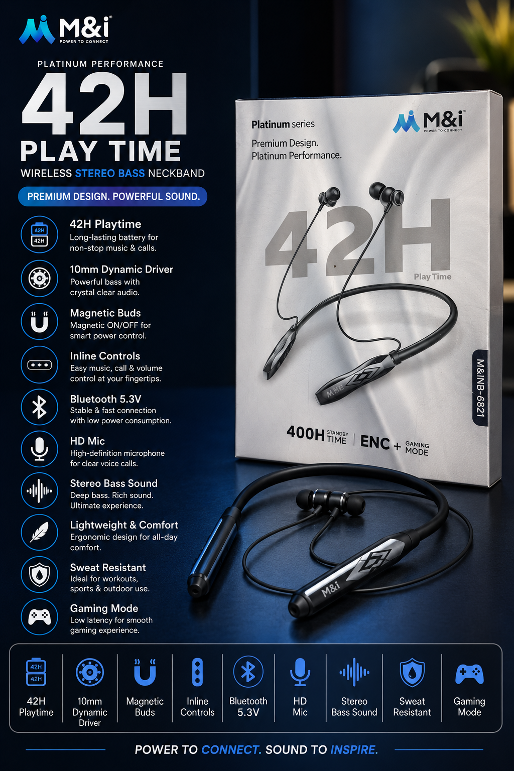 M&I Platinum Series Wireless Neckband | 42H Playtime | Bluetooth 5.3 | ENC Noise Cancellation | Gaming Mode