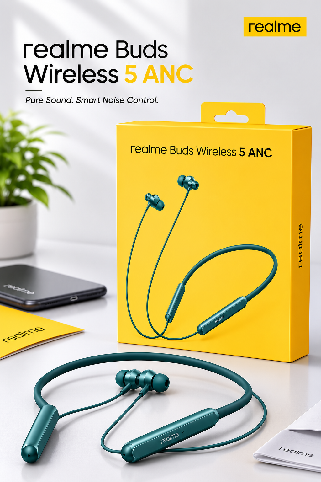 realme Buds Wireless 5 ANC Neckband | Active Noise Cancellation | Magnetic Earbuds | Wireless Bluetooth Neckband