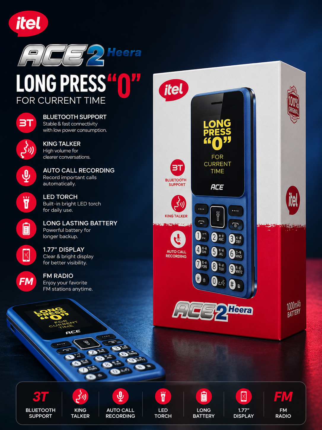 itel ACE 2 Heera Keypad Mobile | Bluetooth | Auto Call Recording | King Talker | Long Battery Backup