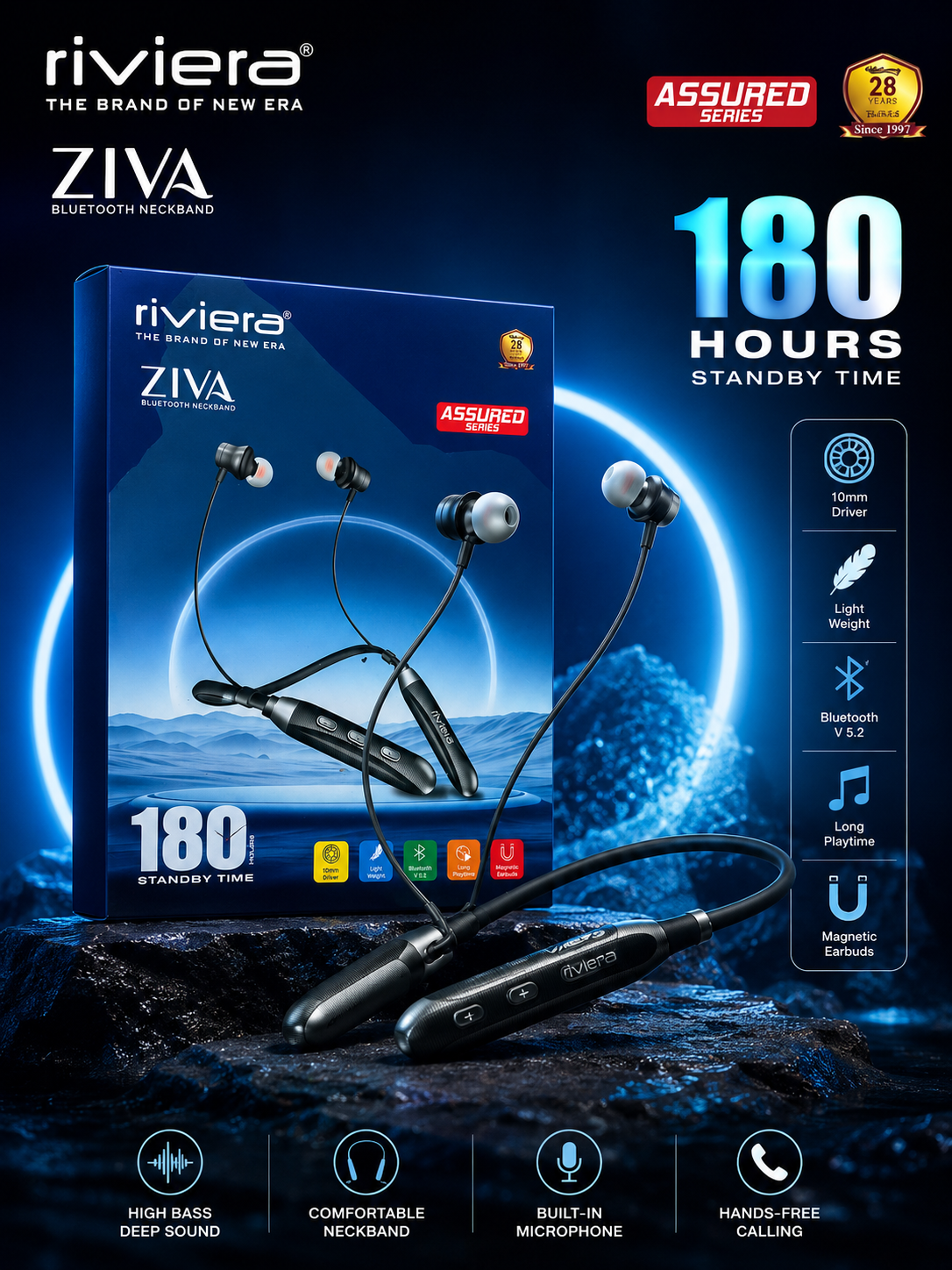 Riviera ZIVA Bluetooth Neckband | 180 Hours Standby | Bluetooth v5.2 | Deep Bass | Magnetic Earbuds