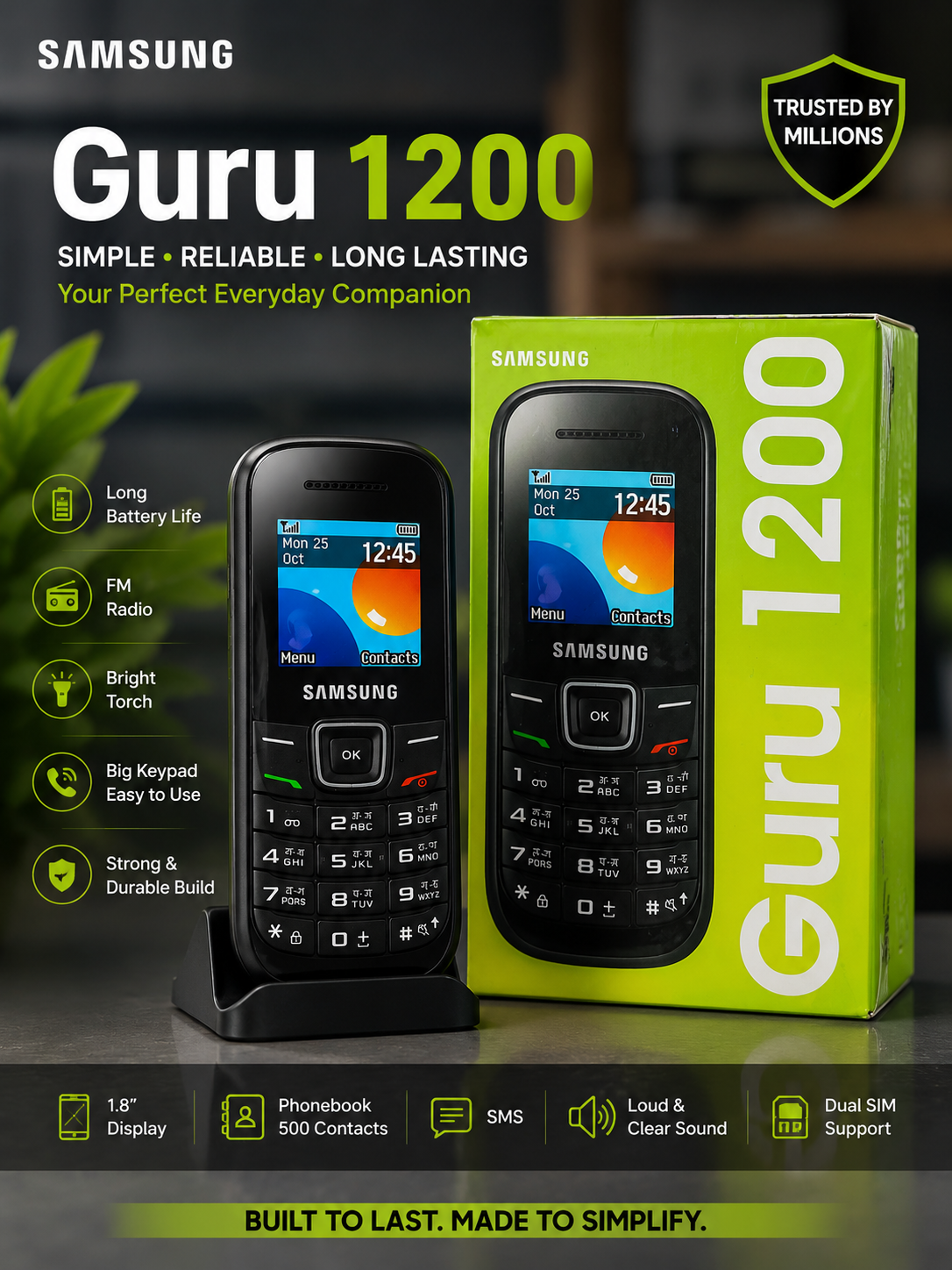 Samsung Guru 1200 | Dual SIM | Long Battery Life | FM Radio | Durable Keypad Phone