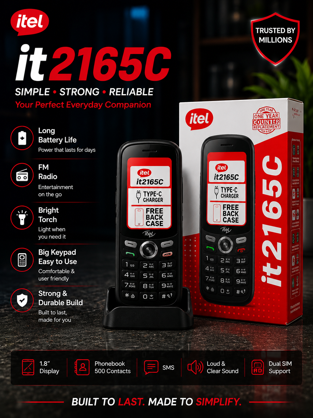 itel it2165C Keypad Phone | Dual SIM | Type-C Charging | Long Battery Life | FM Radio