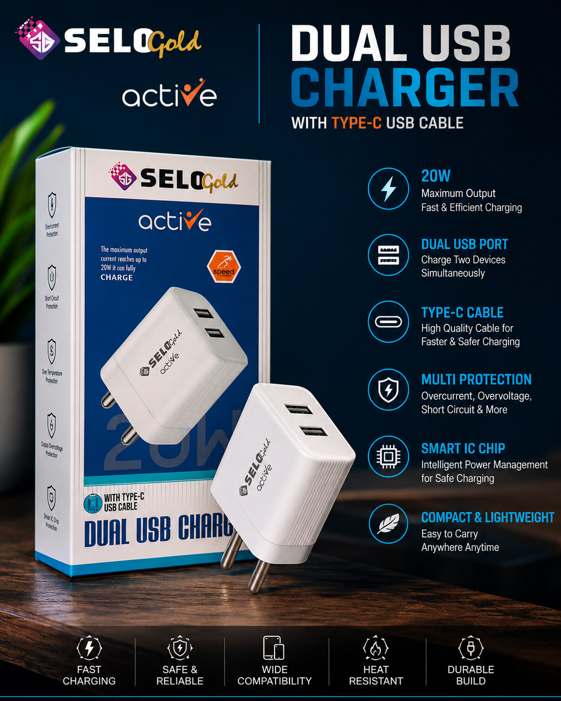 SELO Gold Active Dual USB Charger | 20W Fast Charging | Dual USB Adapter with Type-C Cable