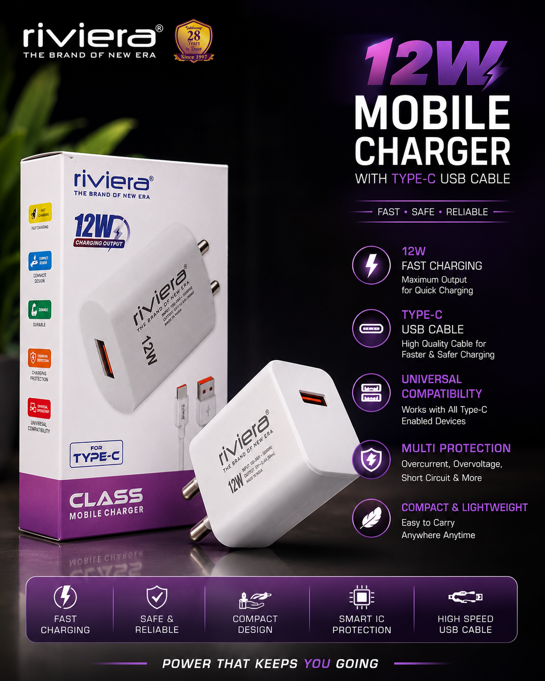 Riviera 12W Mobile Charger | Fast Charging | Type-C USB Cable Included | Safe & Reliable Charger
