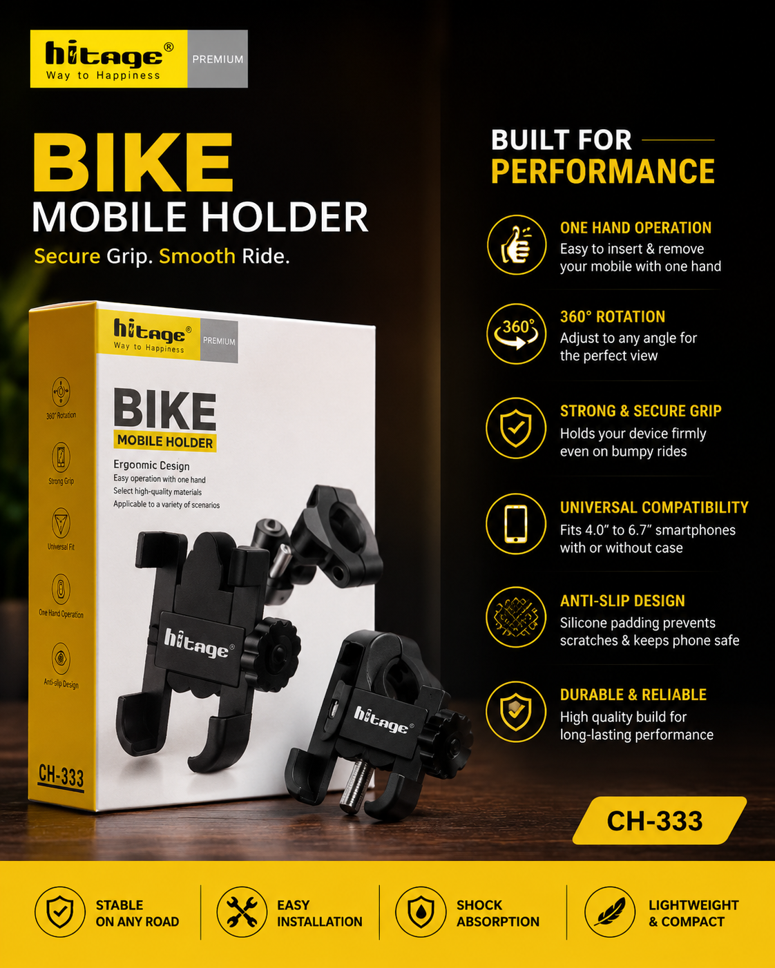 Hitage CH-333 Bike Mobile Holder | 360° Rotation | Universal Motorcycle & Bicycle Phone Mount