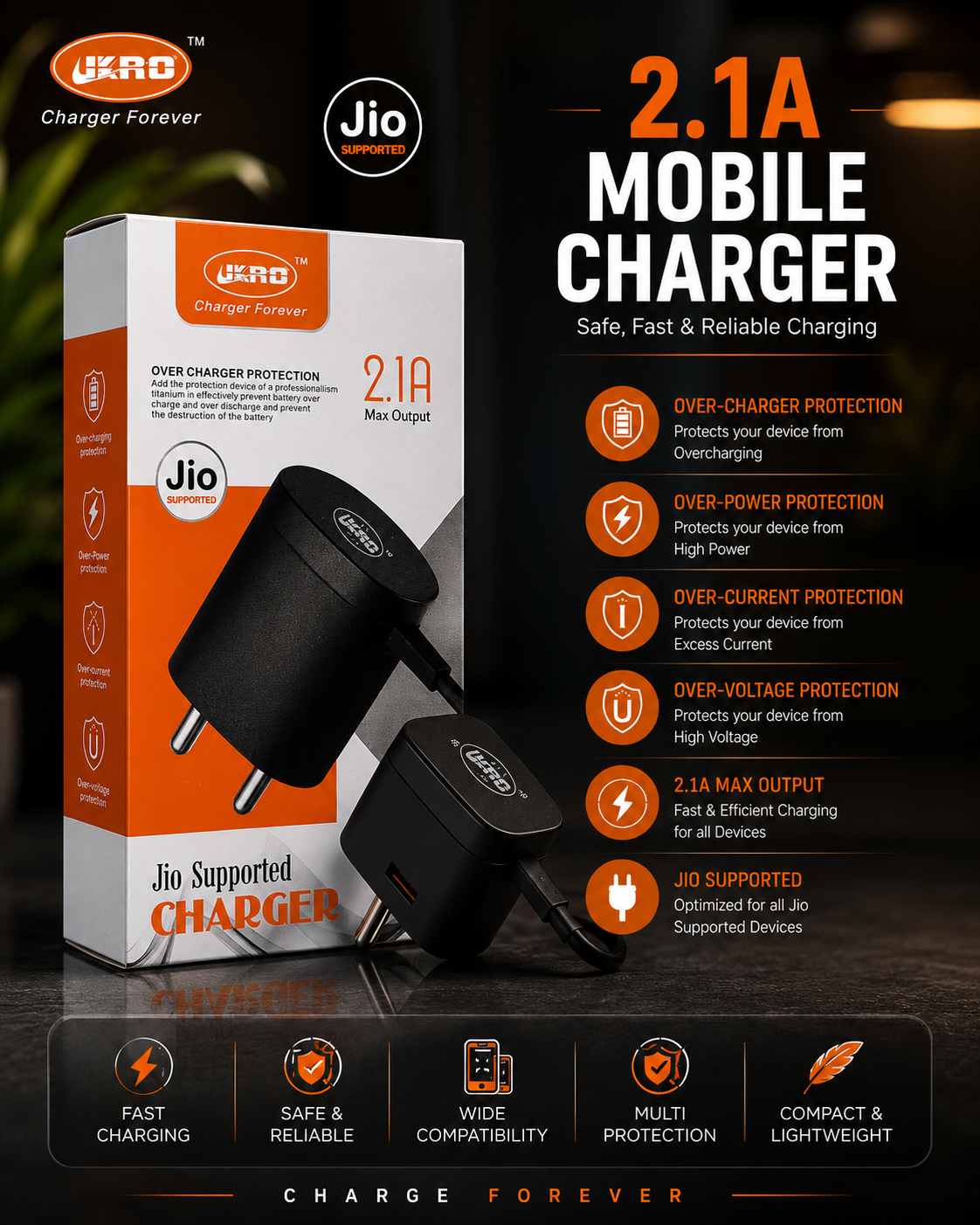UKRO 2.1A Mobile Charger | Jio Supported | Fast Charging | Safe & Reliable USB Charger