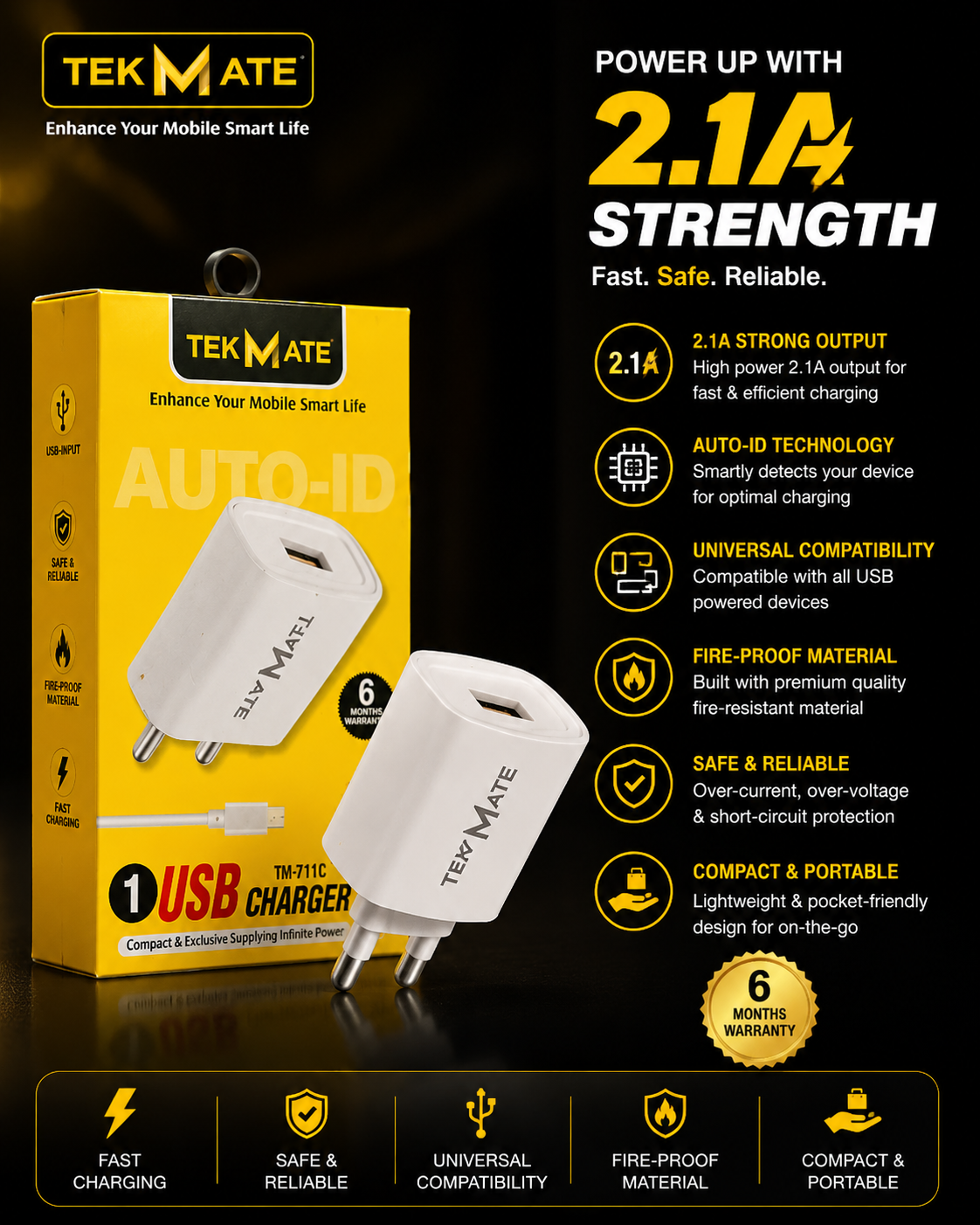 TEKMATE TM-711C 2.1A USB Charger | Fast Charging | Auto-ID Technology | Safe & Reliable Mobile Charger