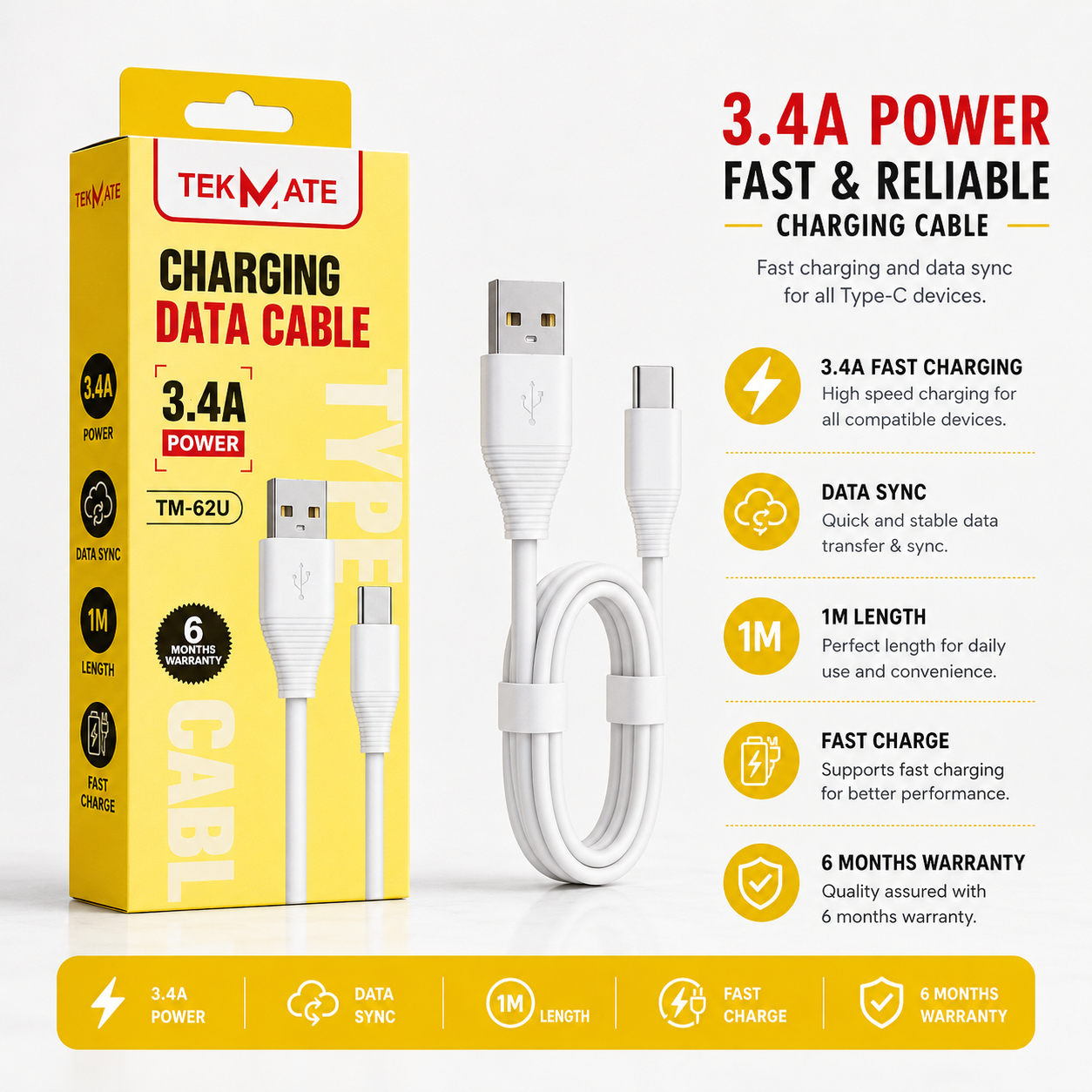 TEKMATE 3.4A Fast Charging USB to Type-C Data Cable (1 Meter) | High-Speed Charging & Data Sync | TM-62U | 6 Months Warranty