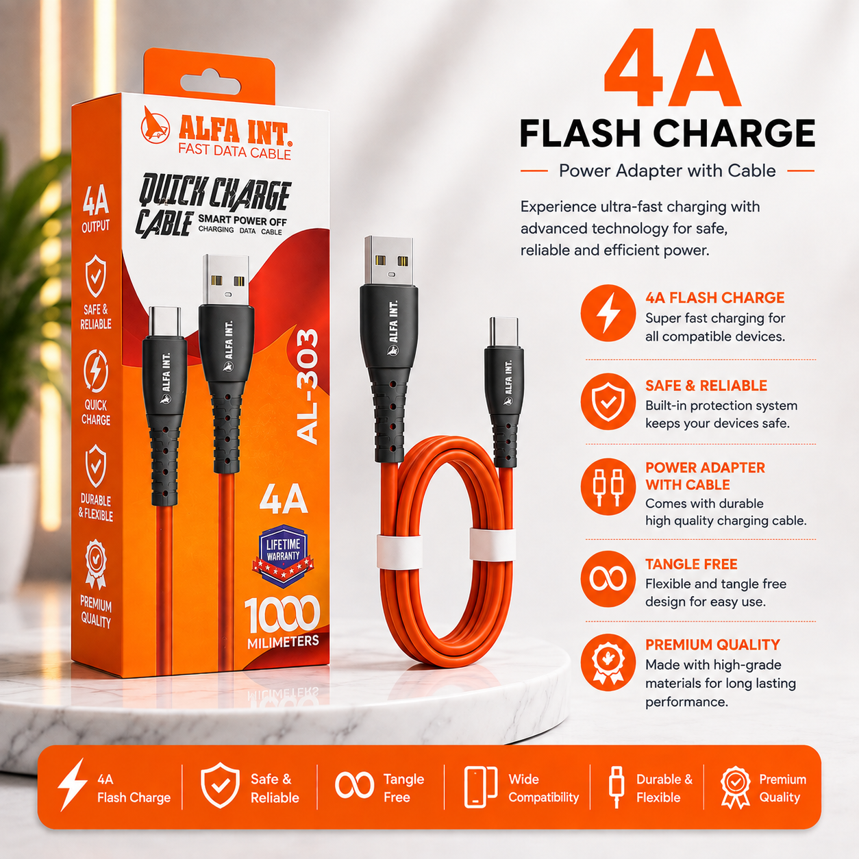 ALFA INT. 4A Fast Charging USB to Type-C Data Cable (1 Meter) | Quick Charge & High-Speed Data Sync | AL-303 | Lifetime Warranty