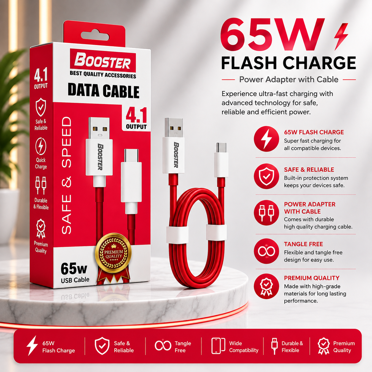 Booster 65W Flash Charge USB to Type-C Fast Charging Data Cable (1 Meter) | 4.1A Output | High-Speed Data Sync | Premium Quality