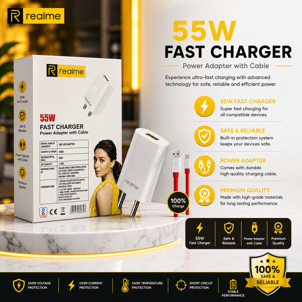 Realme 55W Super Fast Charger Adapter with USB Cable | Fast Charging Wall Charger | Safe & Reliable | Premium Quality