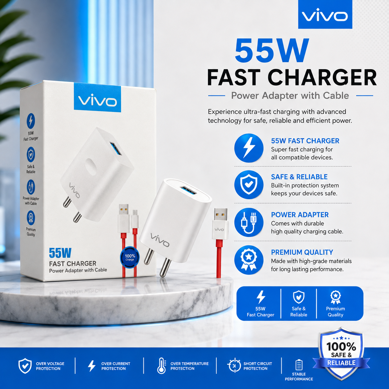 Vivo 55W Super Fast Charger Adapter with USB Cable | Fast Charging Wall Charger | Safe & Reliable | Premium Quality