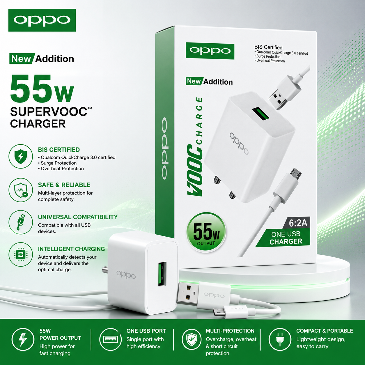 OPPO 55W Fast Charger | 6.2A High-Speed USB Charger | Quick Charge 3.0 | One USB Output