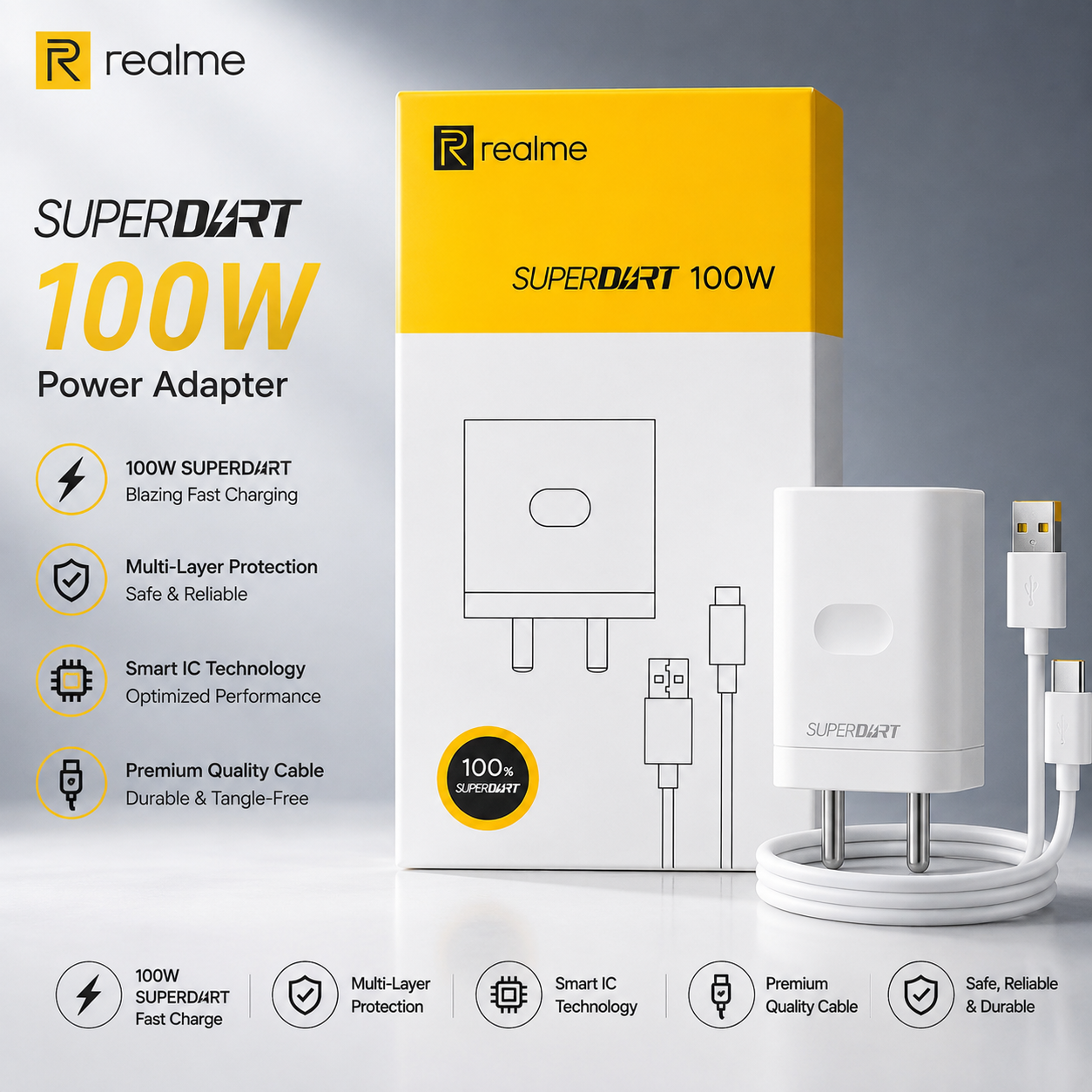 Realme SuperDart 100W Fast Charger with Cable | Super Fast Charging Power Adapter | All Compatible Models