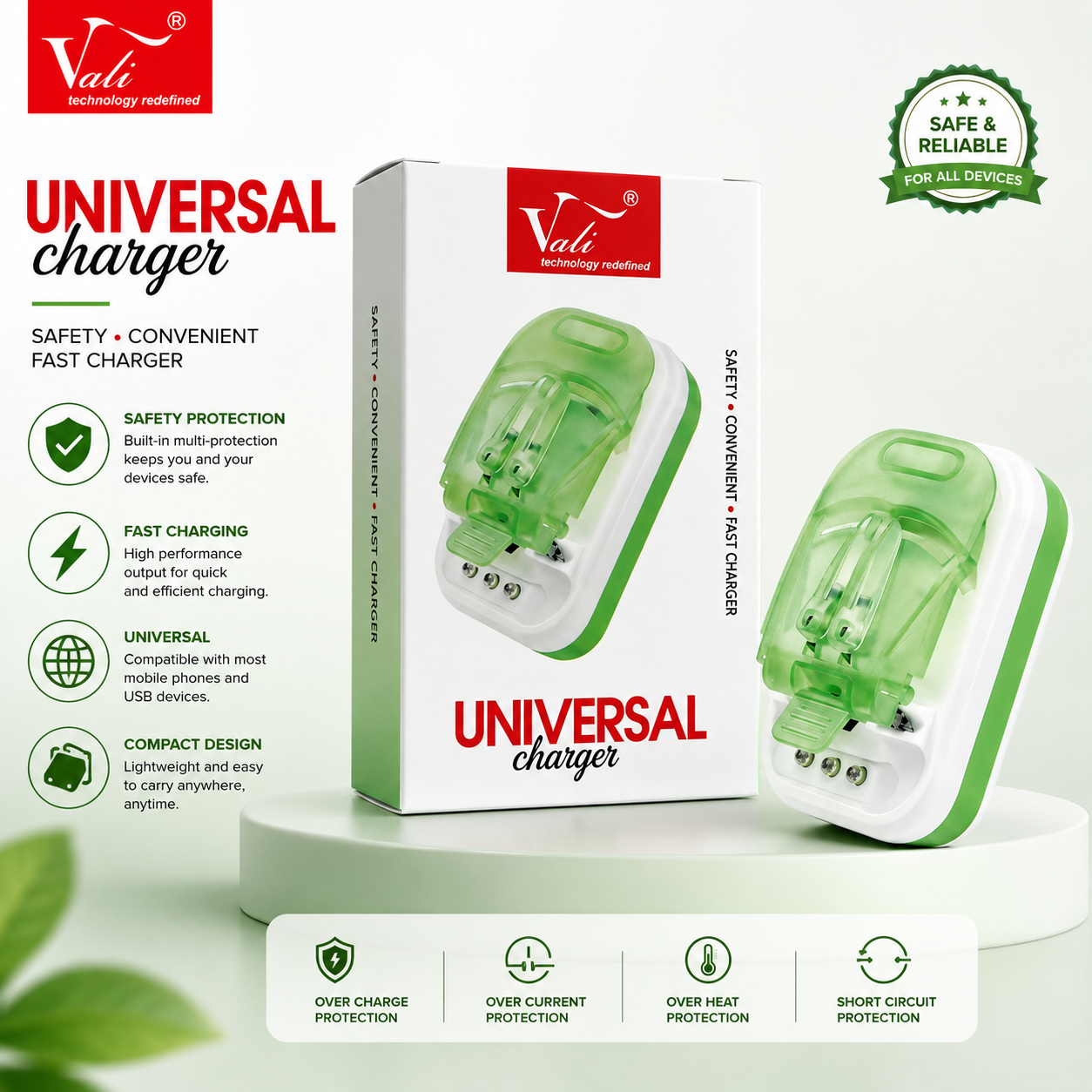 Vali Universal Mobile Battery Charger with Adjustable Charging Pins & Compact Design