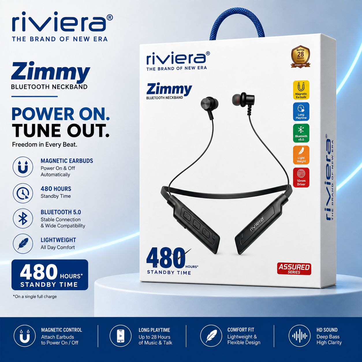 Riviera Zimmy Bluetooth Neckband with Magnetic Earbuds & 480 Hours Standby Time