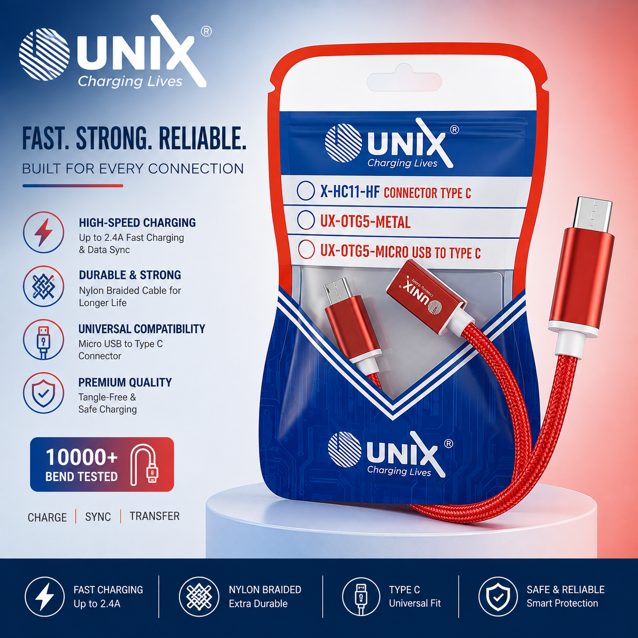 UNIX Premium Braided Micro USB Data Cable | Fast Charging & High-Speed Data Transfer | Durable Nylon Cable | Universal Compatibility