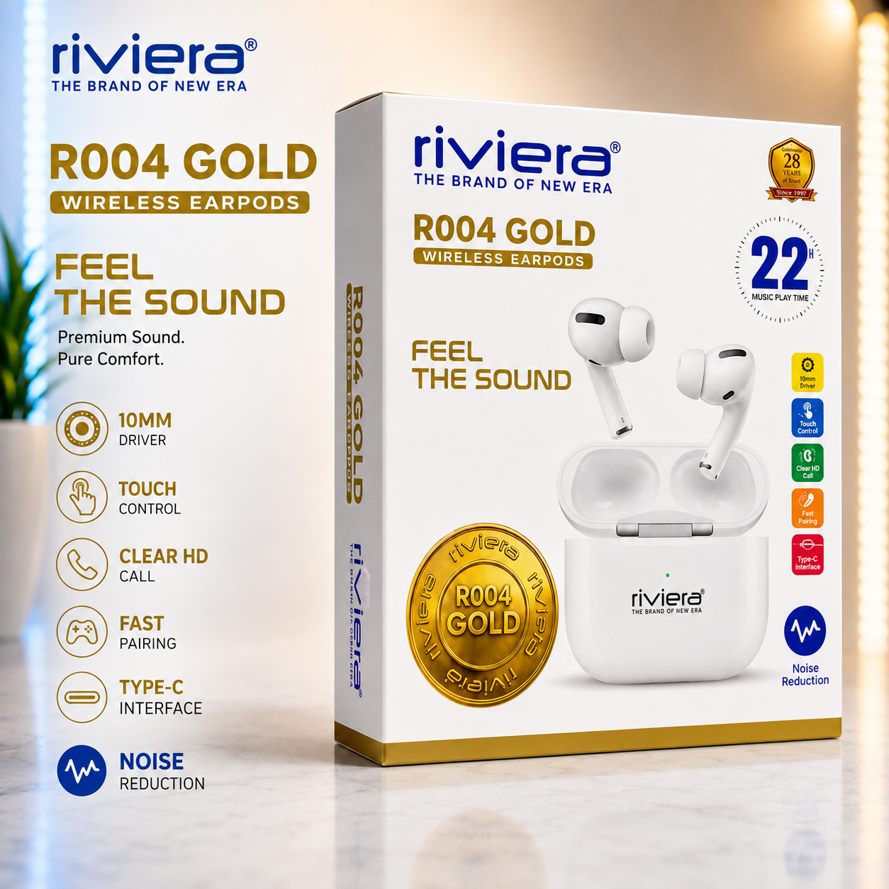 Riviera R004 Gold Wireless Earbuds | Bluetooth Earbuds with ENC | 22 Hours Playtime | White