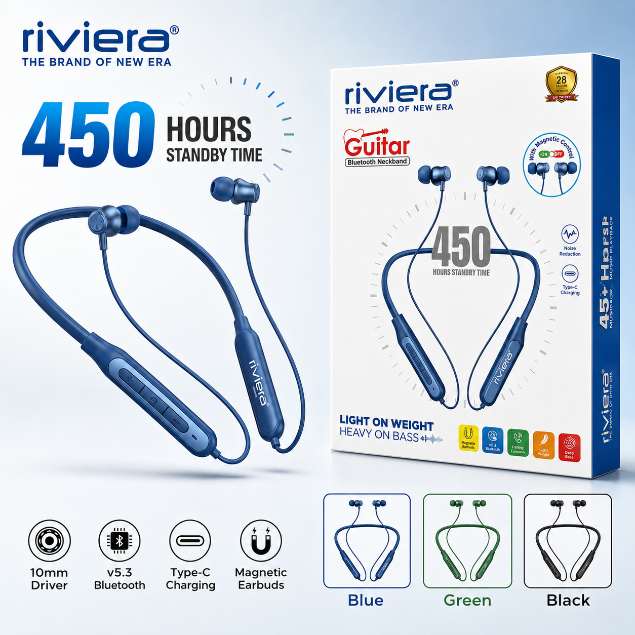 Riviera Guitar Bluetooth Neckband | 450 Hours Standby | Bluetooth 5.3 | 10mm Driver | Type-C Charging | Magnetic Earbuds