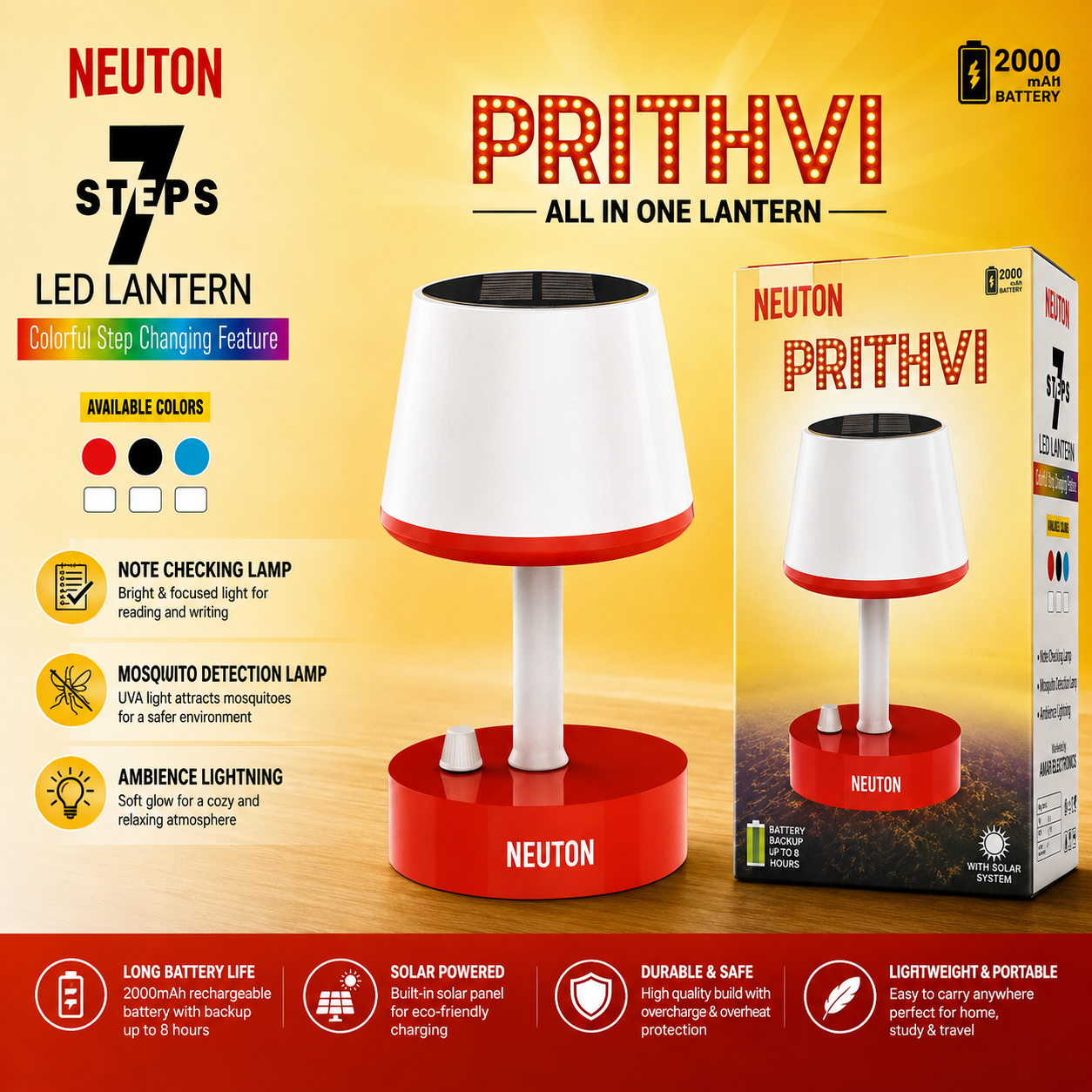 NEUTON PRITHVI 7 Steps LED Lantern | 2000mAh Rechargeable Battery | Solar Powered Emergency Lamp | Color Changing Light | Reading & Mosquito Detection Lamp