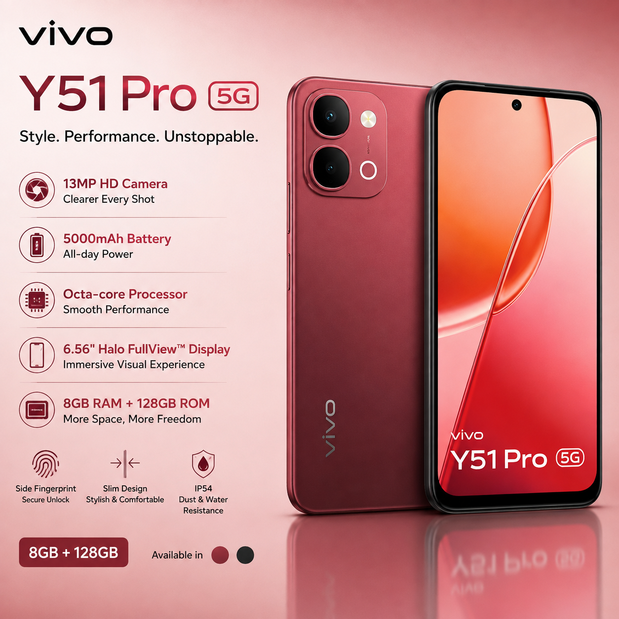 Vivo Y51 Pro 5G 8GB RAM 128GB ROM | 5000mAh Battery | 13MP HD Camera | 6.56" Halo FullView Display | 5G Smartphone