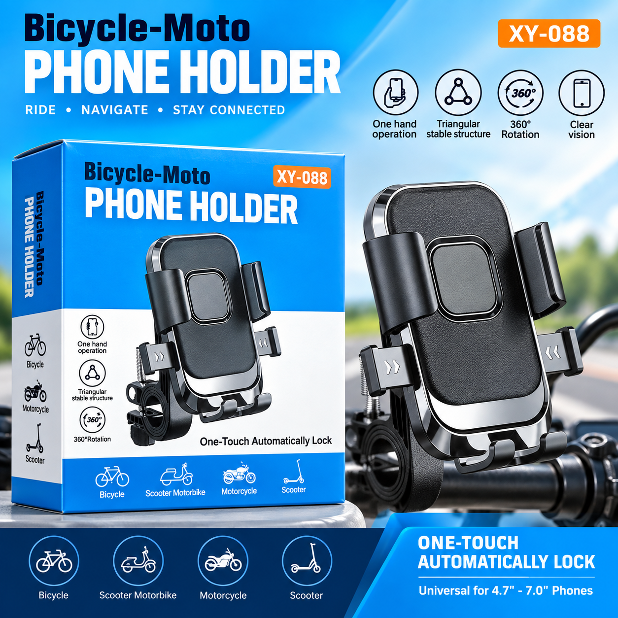 Universal Bicycle & Motorcycle Mobile Phone Holder – XY-088 | 360° Rotation | One-Touch Automatic Lock