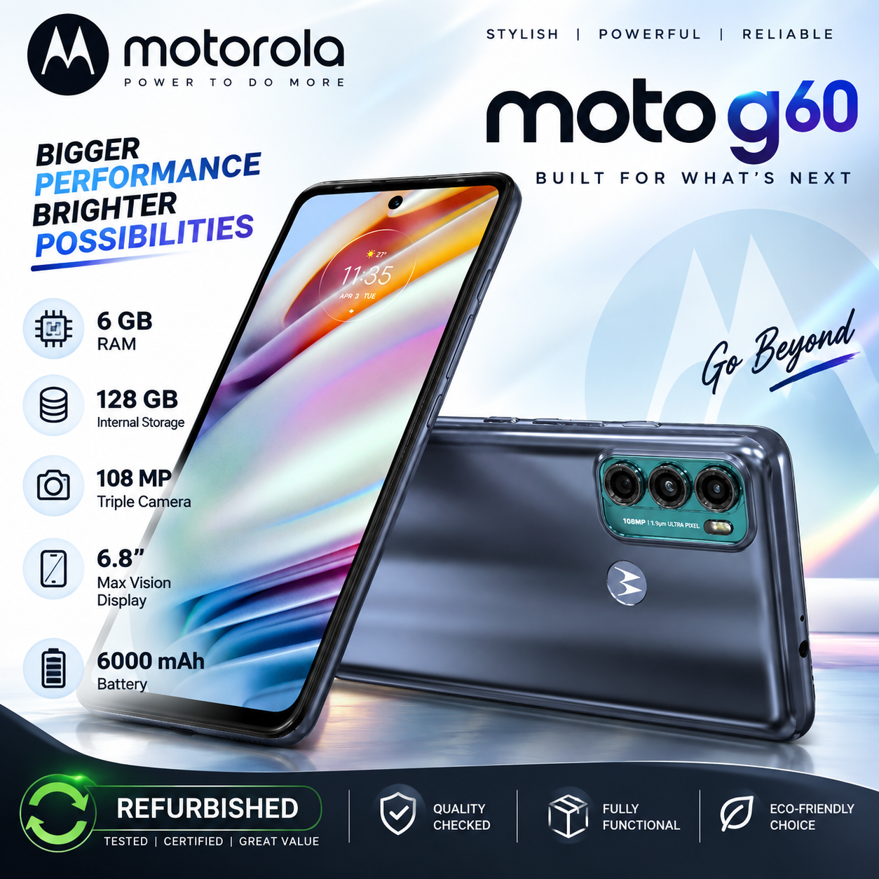 Motorola Moto G60 6GB RAM 128GB Storage Refurbished Smartphone | 108MP Triple Camera | 6000mAh Battery | 6.8" Display