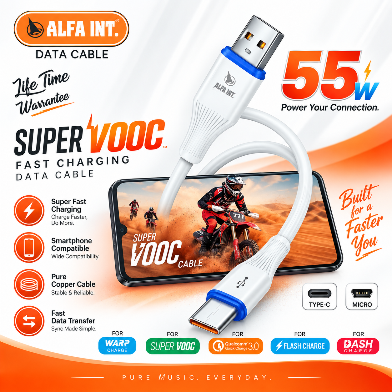ALFA INT. 55W Super VOOC Fast Charging Data Cable | Type-C & Micro USB | High-Speed Data Transfer