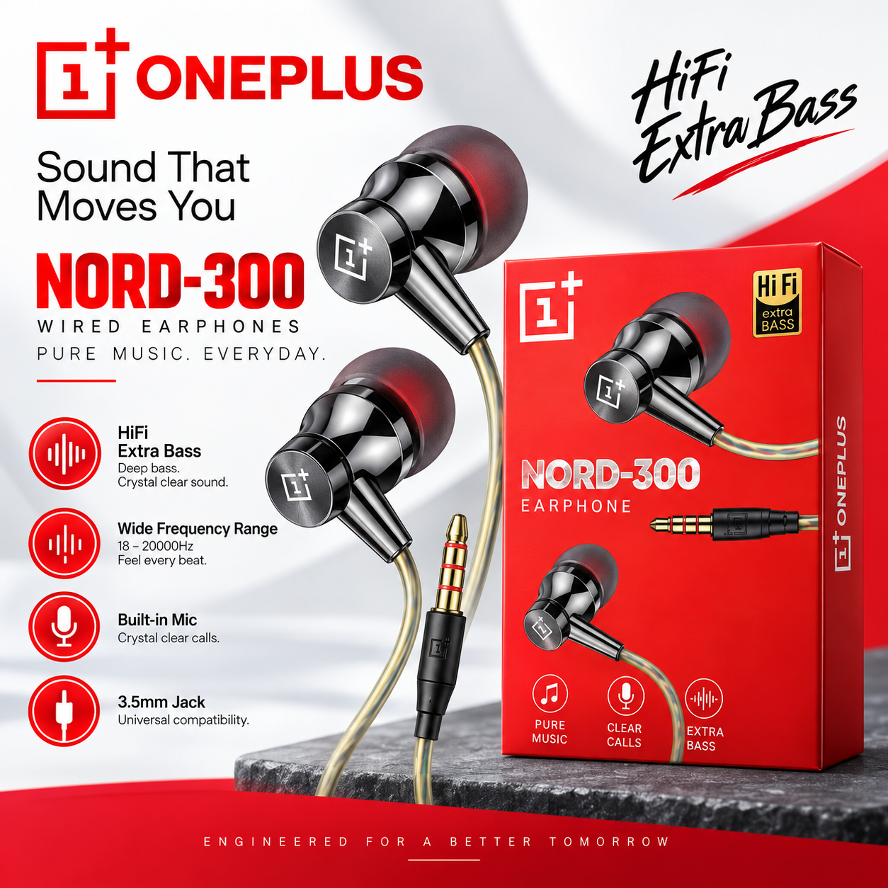 OnePlus Nord-300 Wired Earphones | Hi-Fi Extra Bass | Built-in Mic | 3.5mm Jack
