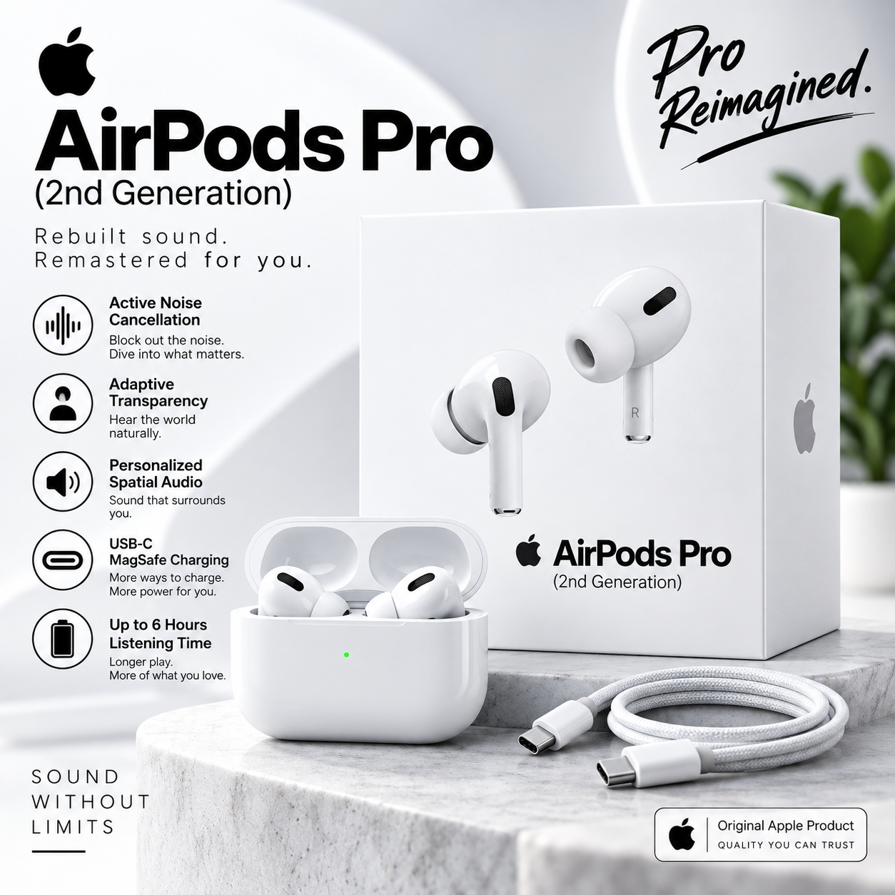Apple AirPods Pro (2nd Generation) | Active Noise Cancellation | Adaptive Transparency | USB-C Charging Case