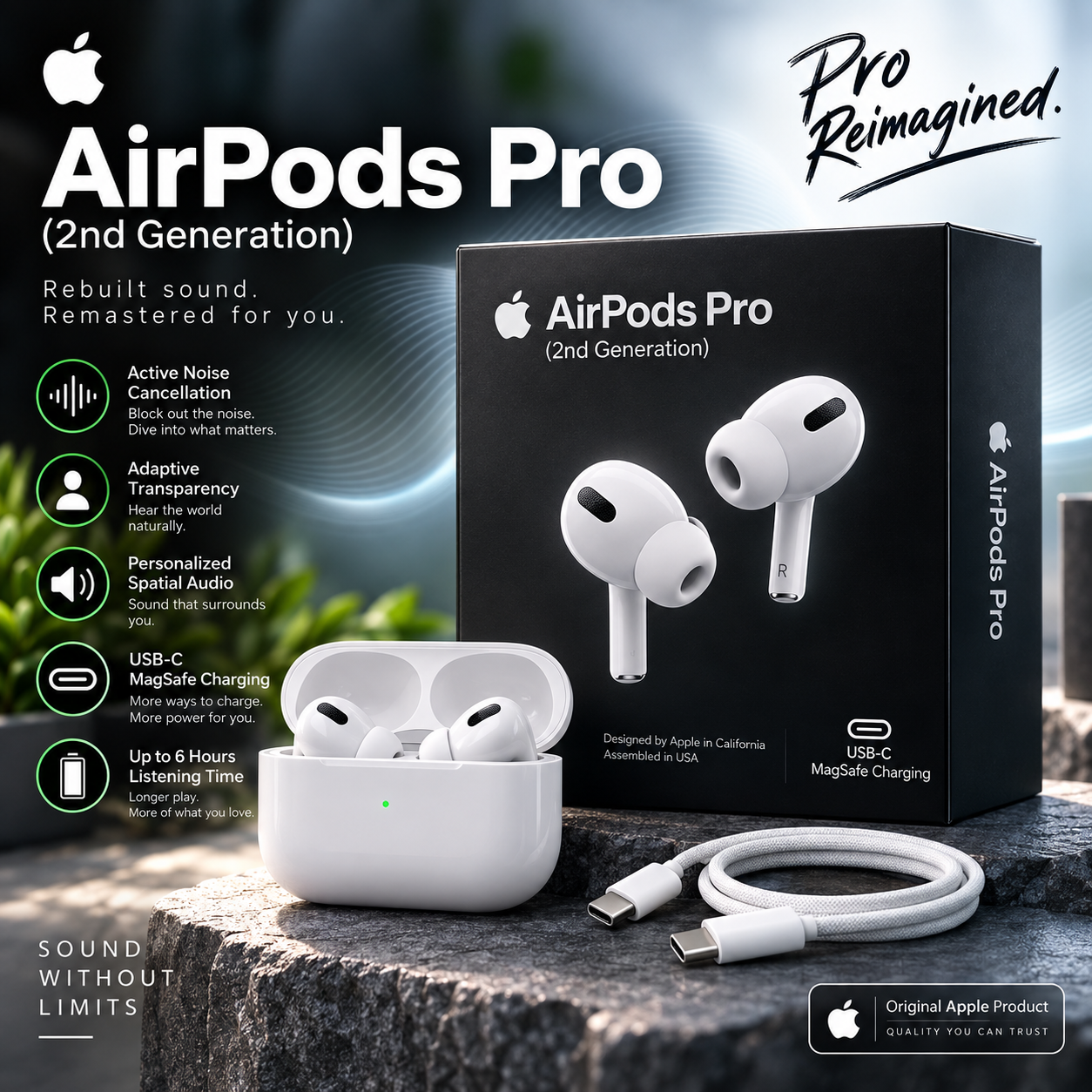 Apple AirPods Pro (2nd Generation) | Active Noise Cancellation | Adaptive Transparency | Personalized Spatial Audio | USB-C Charging Case