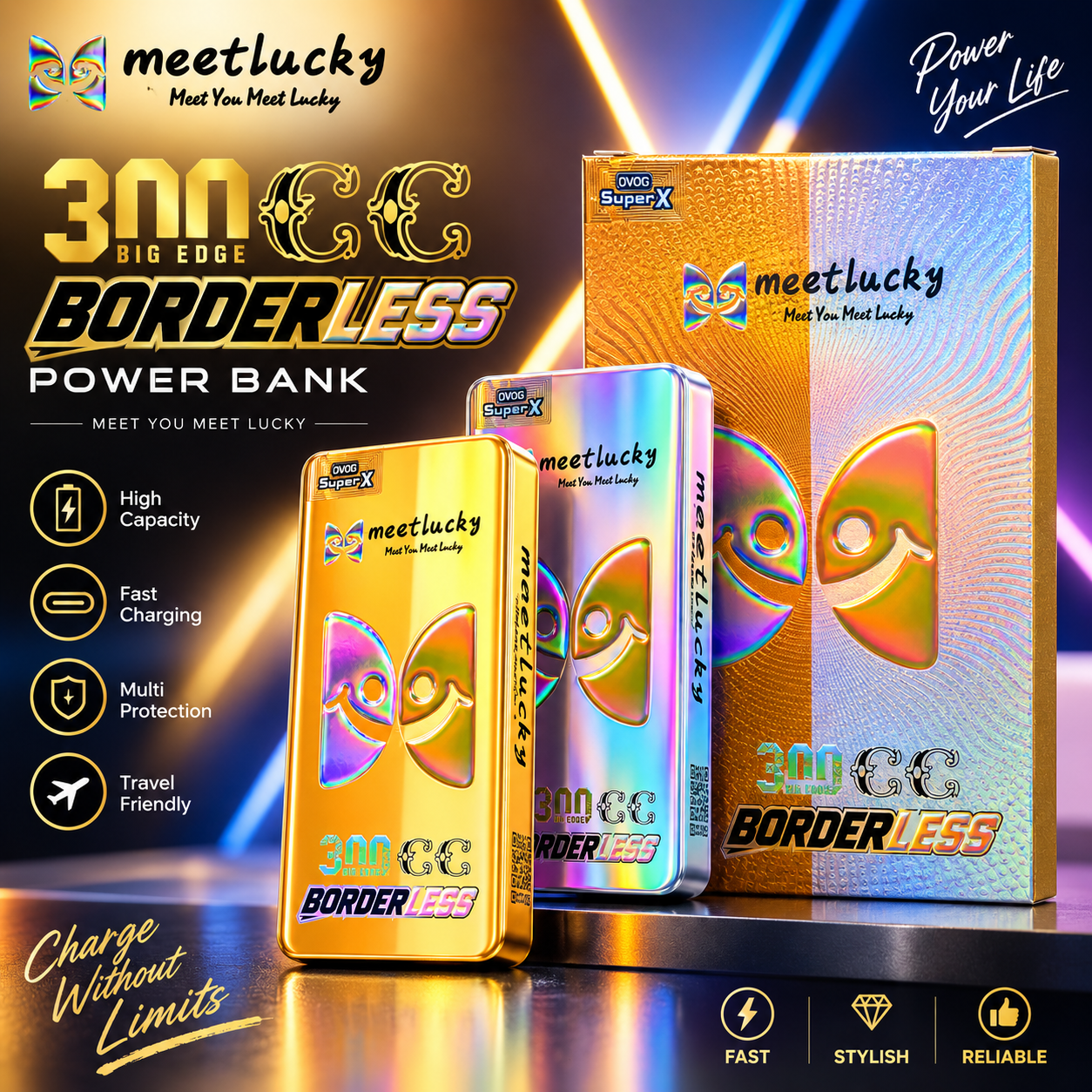 Meetlucky 300 CC Borderless Power Bank | SuperX Fast Charging | High Capacity | Multi-Protection | Travel Friendly
