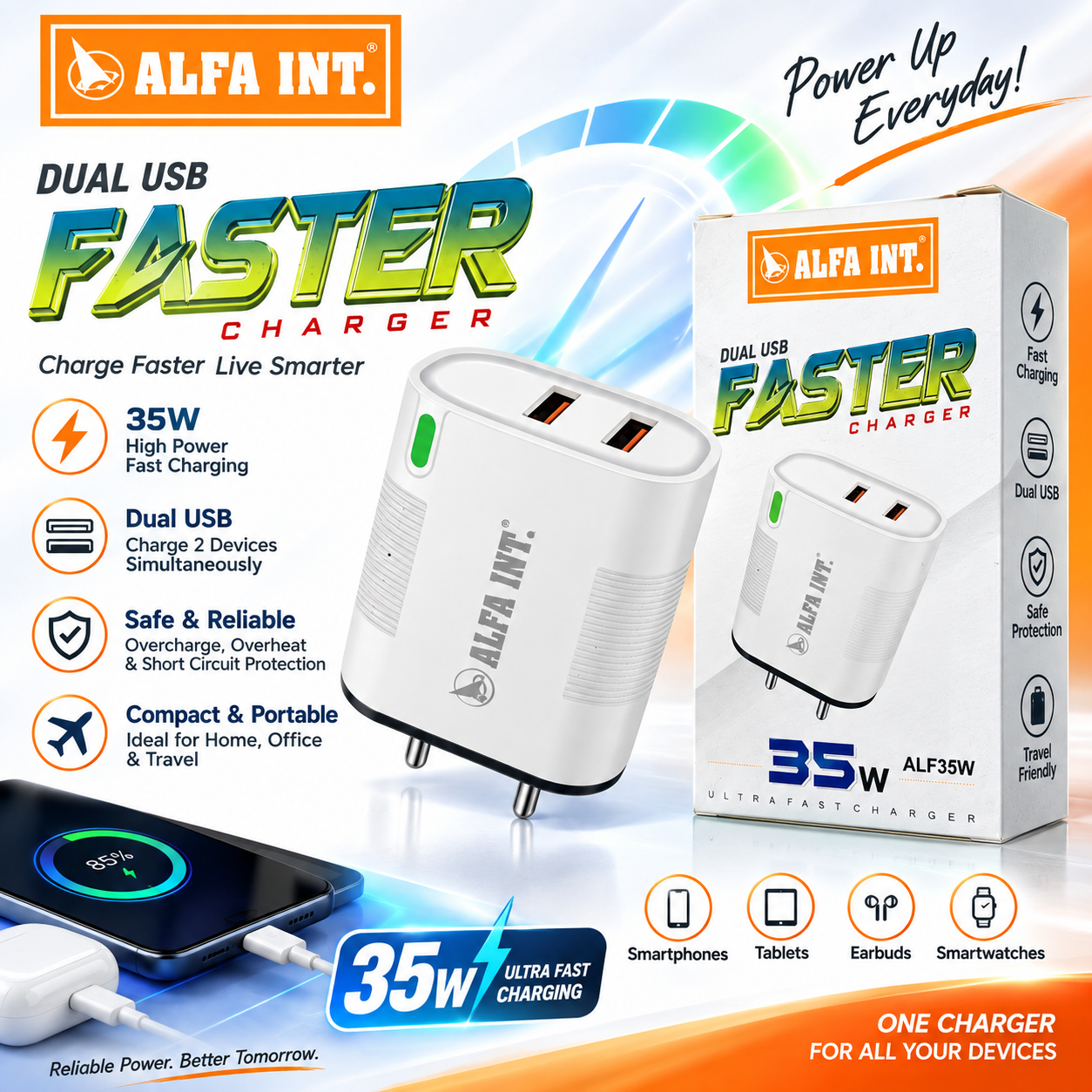 ALFA INT ALF35W 35W Dual USB Fast Charger | 2-Port USB Charger