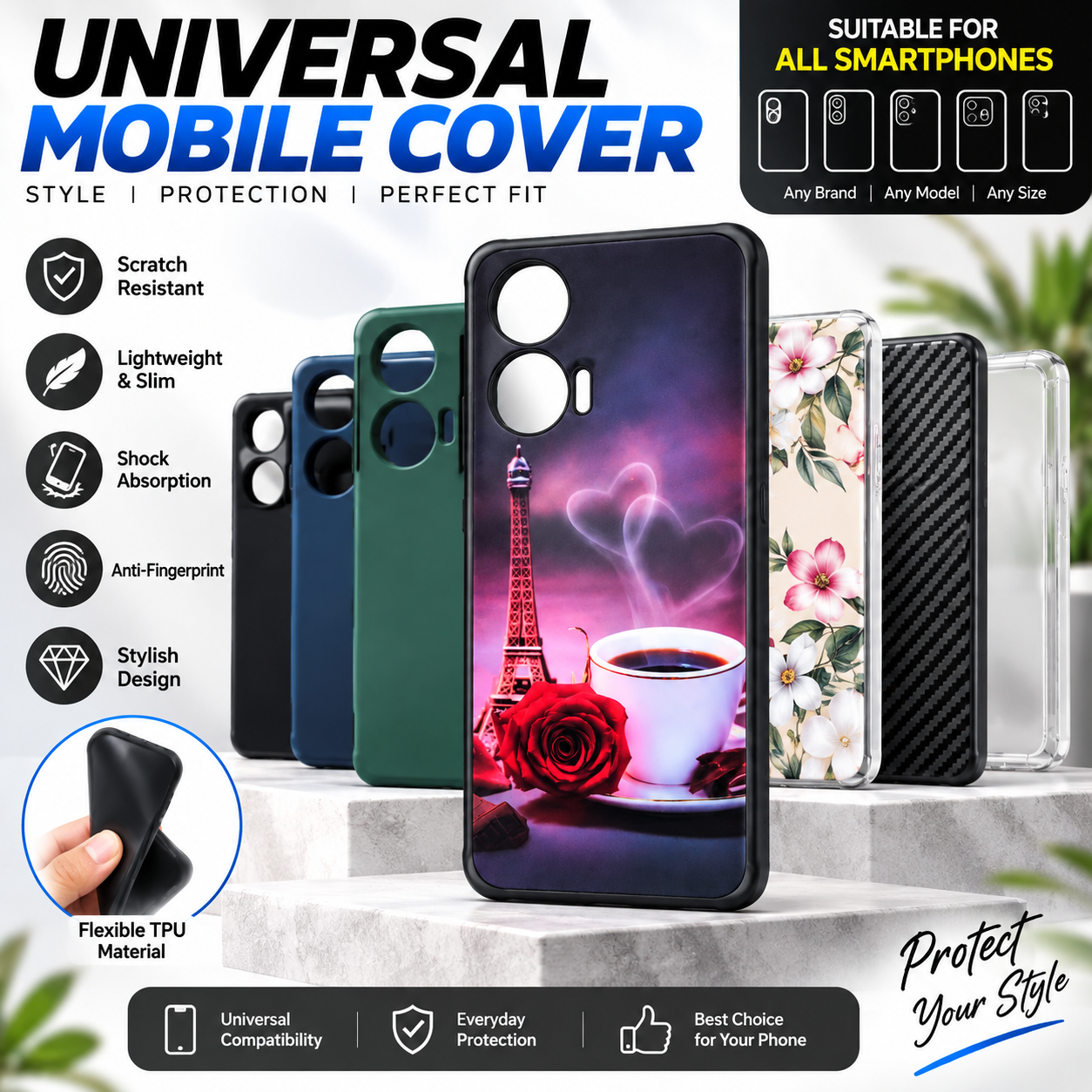Universal Mobile Cover | Flexible TPU Shockproof Back Cover for Multiple Phone Models
