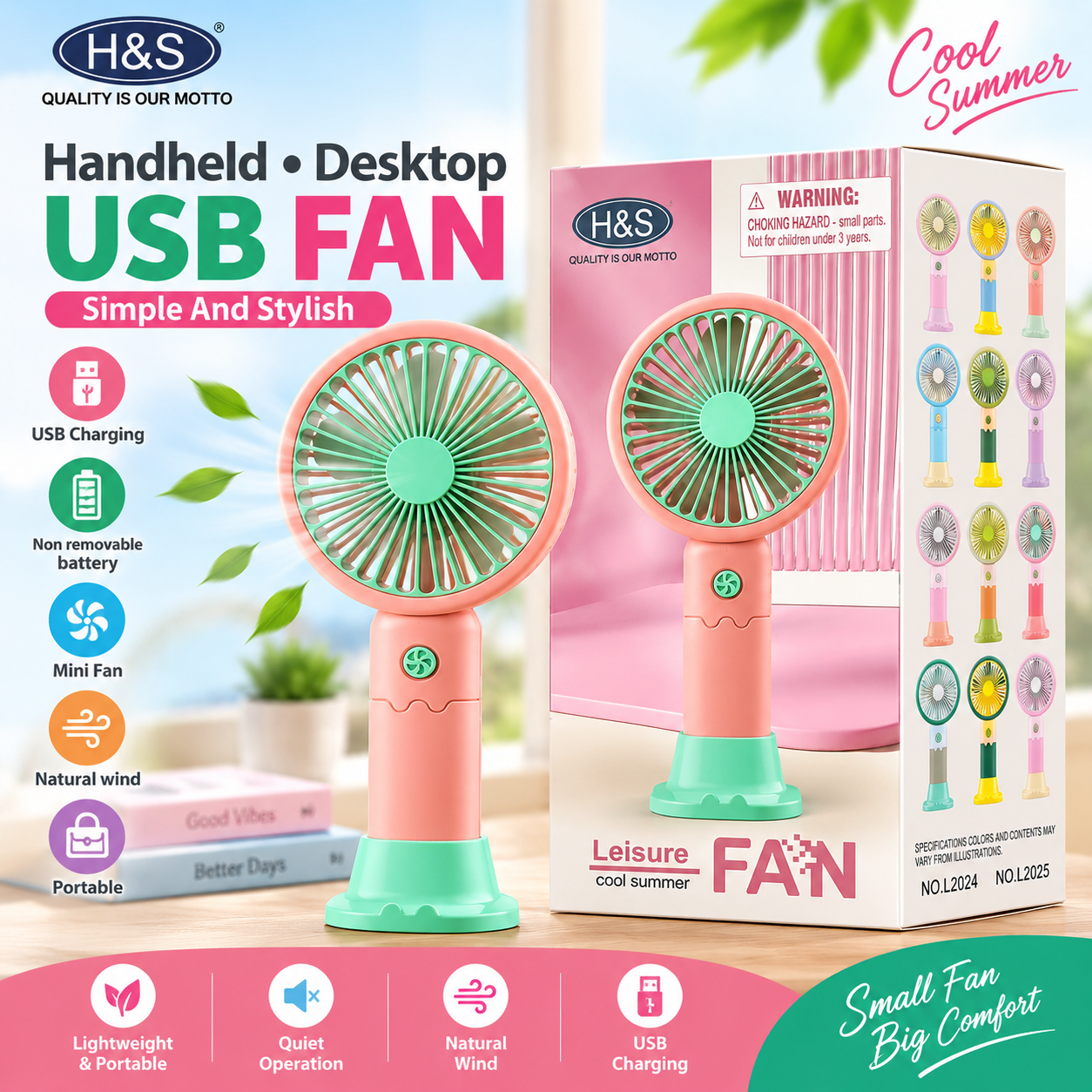 H&S Portable USB Mini Fan | Handheld & Desktop Fan | USB Charging | Rechargeable Battery