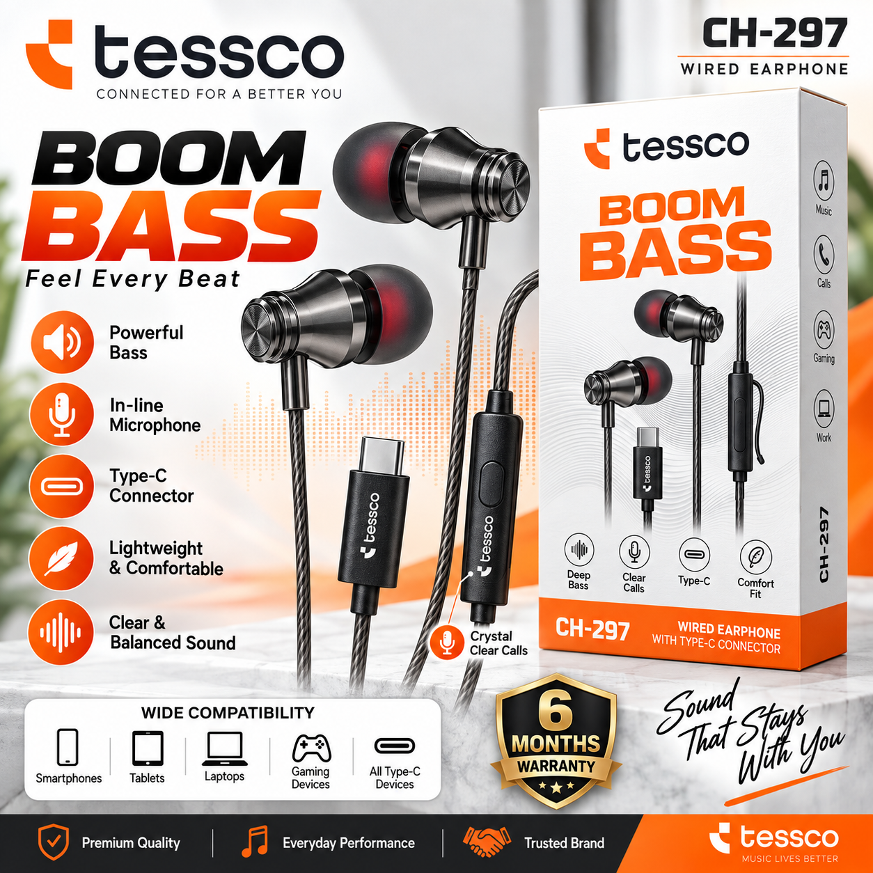Tessco CH-297 Wired Earphones | Type-C Connector | Boom Bass | In-Line Mic | 6 Months Warranty
