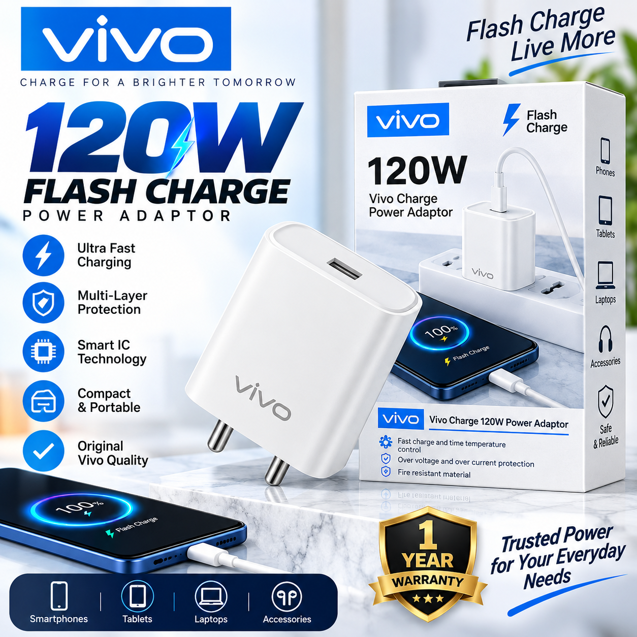Vivo 120W FlashCharge Power Adapter | Ultra-Fast Charging | Smart IC | Multi-Layer Protection | 1 Year Warranty